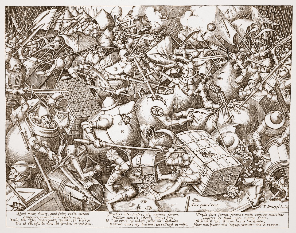 De Strijd om Geld, gegraveerd door Pieter van der Heyden, na 1570 door Pieter Bruegel the Elder