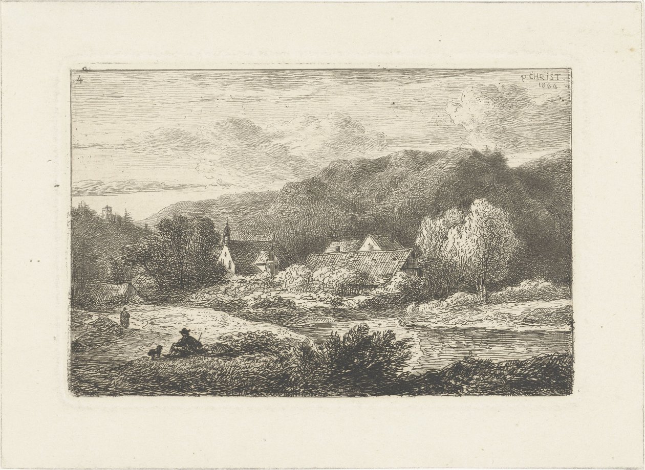 Heuvellandschap met kerkje en huizen door Pieter Casper Christ