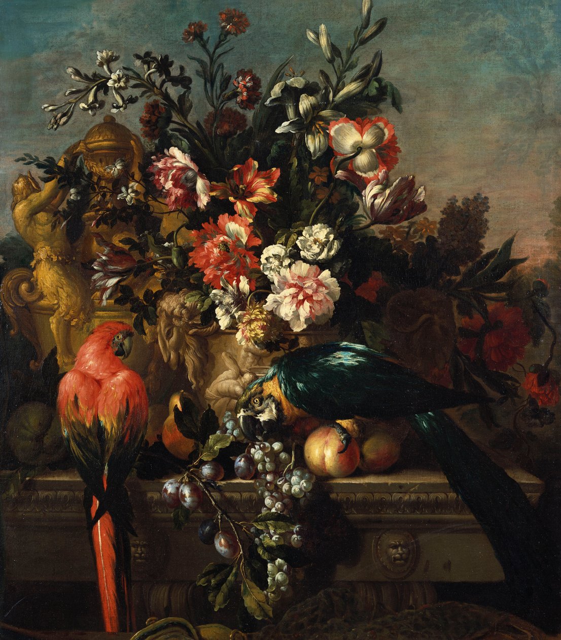 Anjers en andere bloemen met papegaaien op een voetstuk door Pieter Casteels