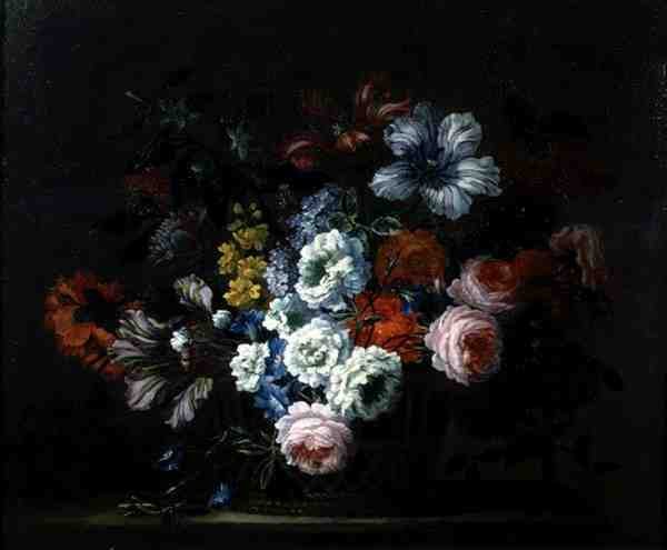 Stilleven van Rozen, Pioenen, Tulpen en Winde in een Mand door Pieter Casteels