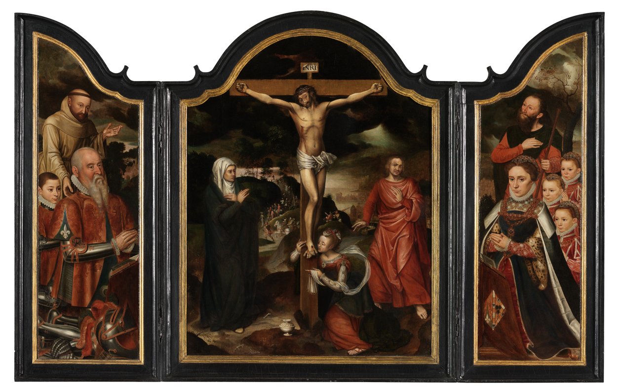 Christus aan het kruis met de Maagd, St. Johannes en Maria Magdalena door Pieter Claeissens