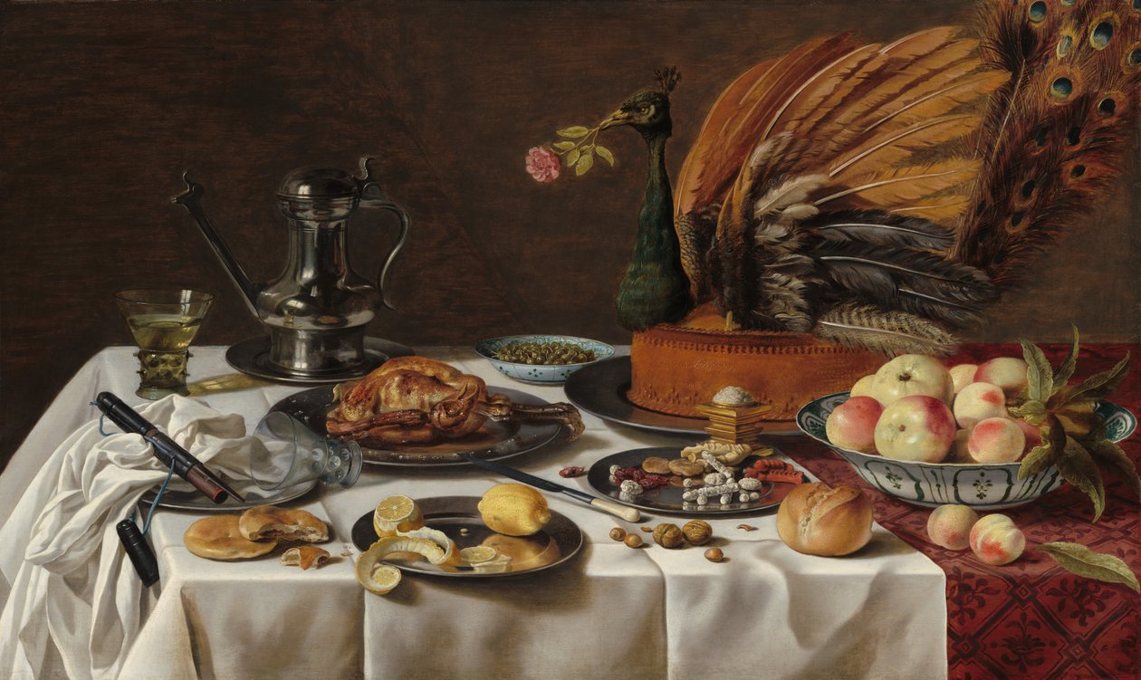 Stilleven met pauwentaart, 1627 door Pieter Claesz