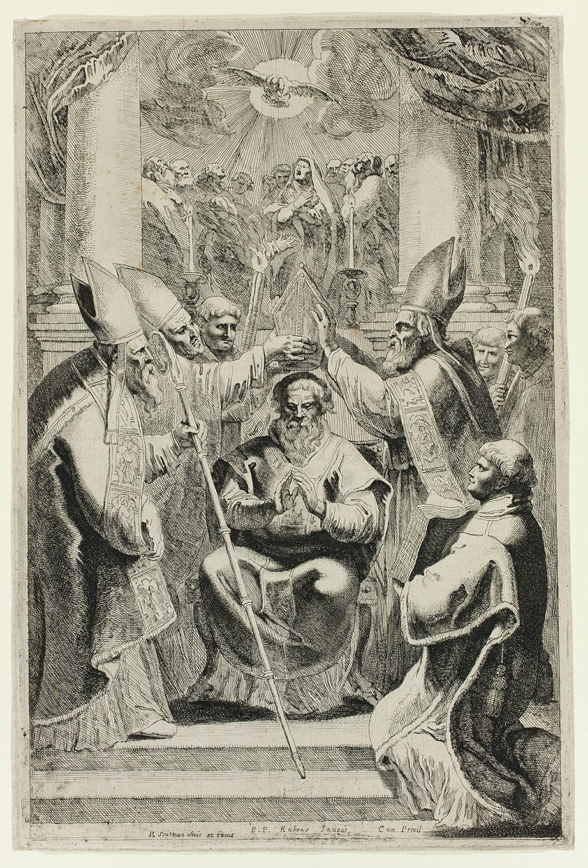 Wijding van de bisschop van Noyon met scène van Pinksteren erboven door Pieter Claesz. Soutman