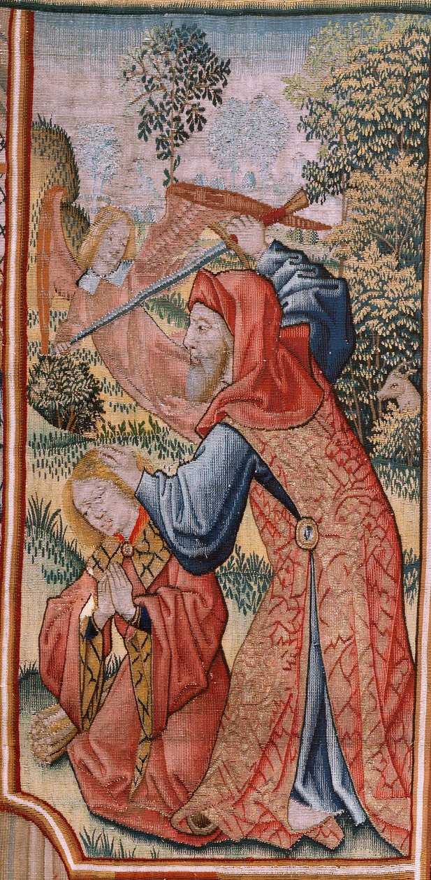 Vlaamse wandtapijt. Serie Episodes uit het Leven van de Maagd; Presentatie in de Tempel (Presentación en el Templo). Tweede wandtapijt in de serie. Modellen Toegeschreven aan Jan van Roome (of van Brussel). Fabriek Pieter van Aelst, Brussel. Ca 1502-1504. door Pieter Coecke van Aelst