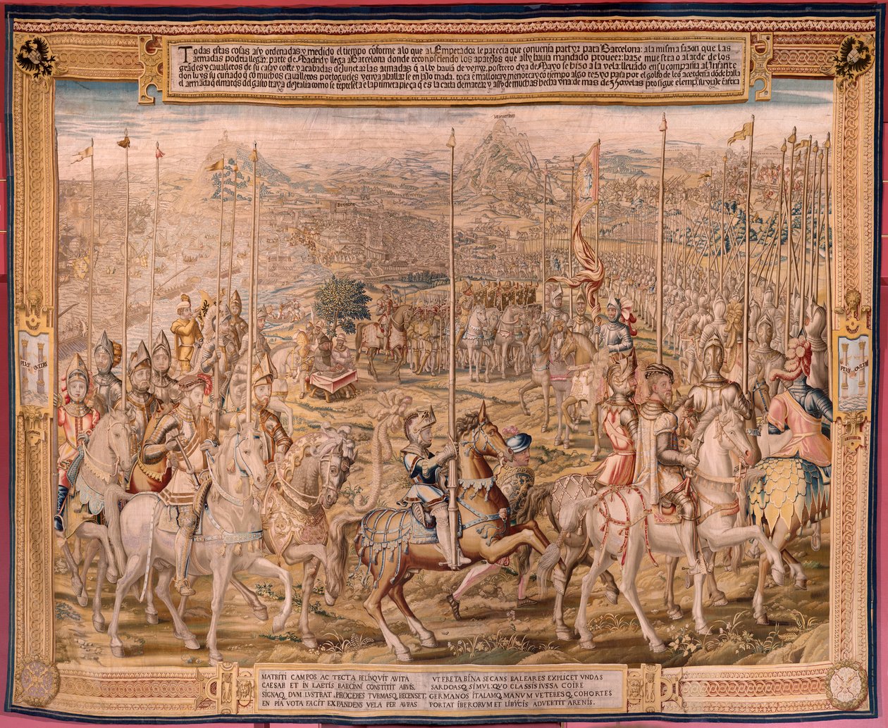 Vlaams wandtapijt. Serie De verovering van Tunis; Inspectie van de troepen in Barcelona. Tweede wandtapijt in de serie. Model Jan Vermeyen en Pieter Coecke van Aelst. 1543-1548. Manufacture Real Fábrica de Tapices de Sant door Pieter Coecke van Aelst