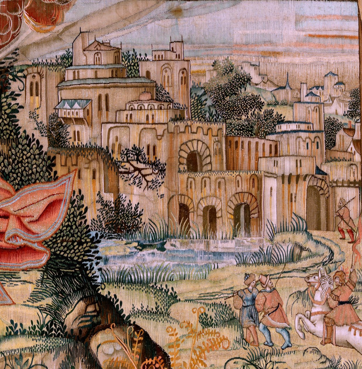 Vlaamse wandtapijt. Serie De Passie van Christus. De Kruisafneming. Tweede wandtapijt serie van de Passie van Christus behorend tot het Patrimonio Nacional. Model Cartonisten uit de kring van Jan van Roome. Manufacture Pieter van Aelst, Brussel. door Pieter Coecke van Aelst