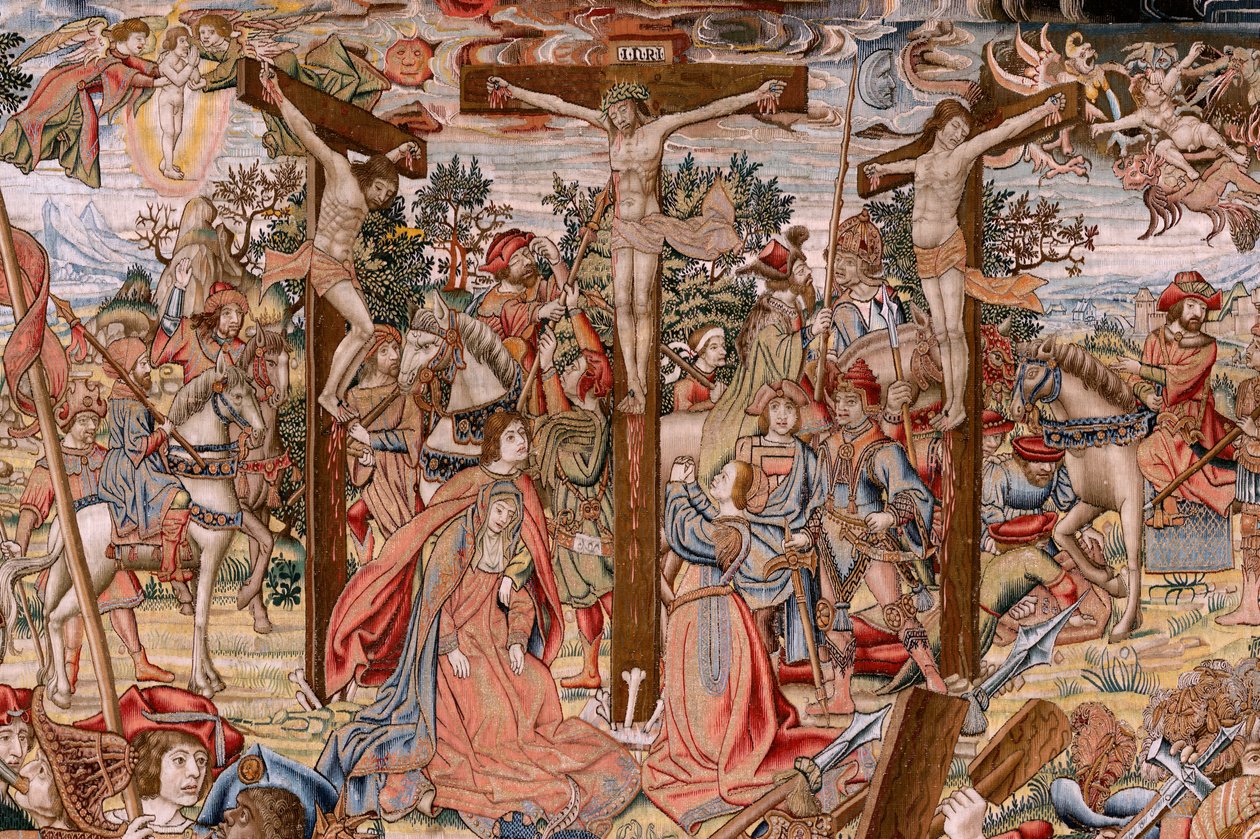 Vlaamse wandtapijt. Serie De Passie van Christus; De weg naar Calvarie en ontmoeting met Veronica. Eerste wandtapijt van die bewaard door Nationaal Erfgoed. Model Tekenaar uit de kring van Jan van Roome en Bern. door Pieter Coecke van Aelst