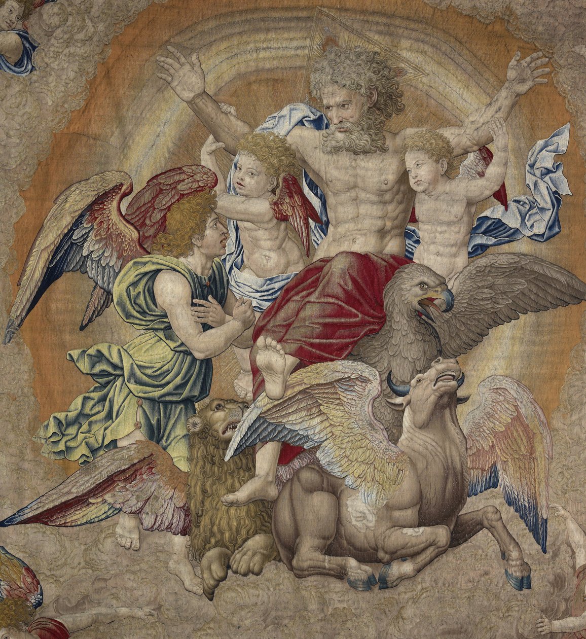 God de Vader met de symbolen van de vier apostelen (tetramorfos ...