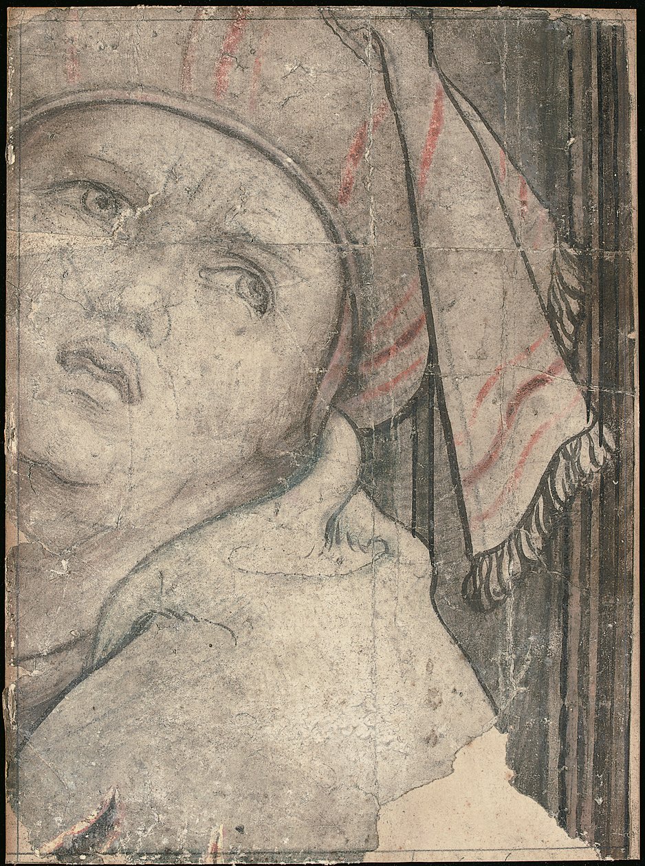 Hoofd van een man in een tulband die omhoog kijkt door Pieter Coecke van Aelst