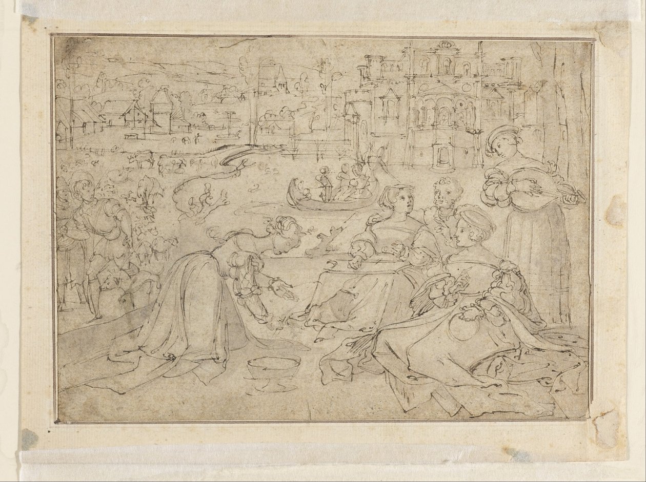 Recto- De Maand April (Figuren in een park bij een kasteel); Verso- Jeugd uit De Drie Leeftijden van de Mens door Pieter Coecke van Aelst
