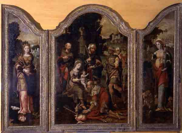 Drieluik met de aanbidding van de wijzen en twee heiligen door Pieter Coecke van Aelst