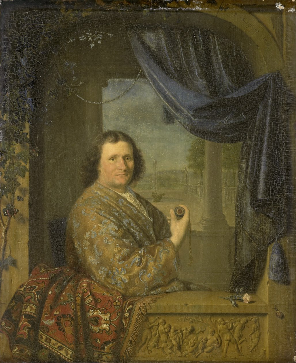 Portret van een man met een horloge door Pieter Cornelisz Slingelandt van