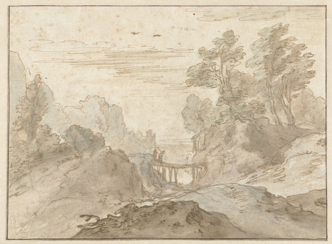 Berglandschap met twee figuren op een smalle brug door Pieter Dircksz van Santvoort (possibly)