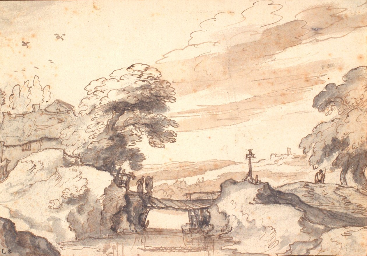 Landschap met een oude brug over een beek door Pieter Dircksz van Santvoort