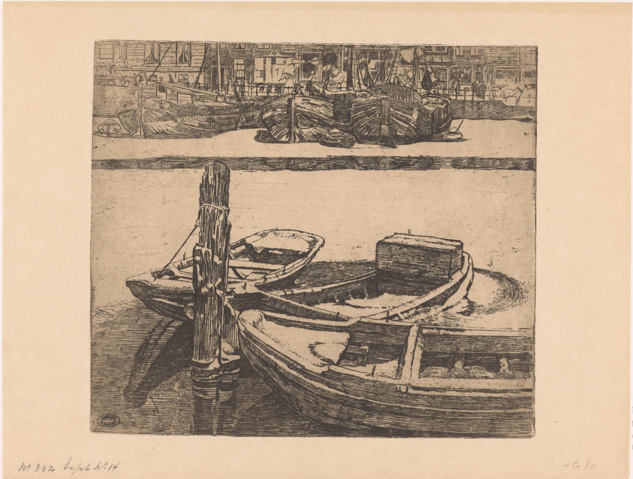 Schepen in het Damrak in Amsterdam door Pieter Dupont (signed by artist)