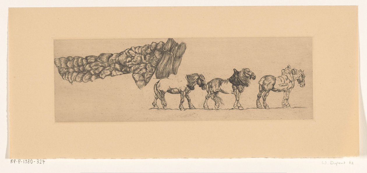 Drie trekpaarden en de lading van een hooiwagen door Pieter Dupont