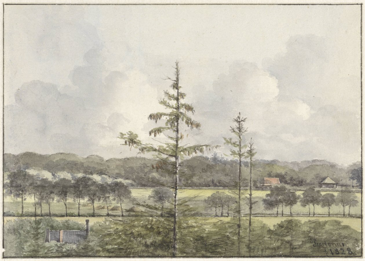 Vergezicht van weilanden met boerderijen door Pieter Ernst Hendrik Praetorius