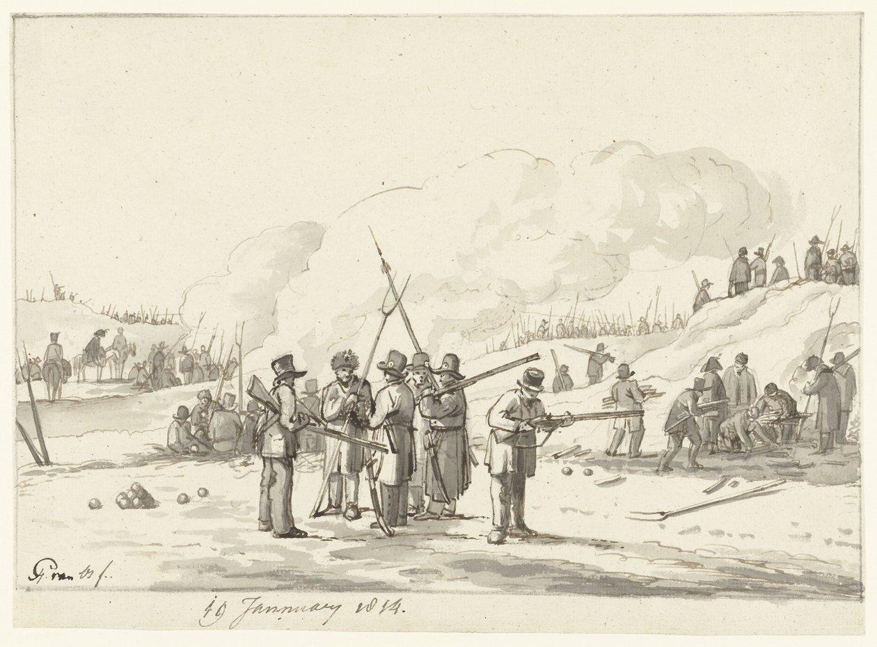 Kampement van burgers in duinen van Noord-Holland, 19 januari 1814 door Pieter Gerardus van Os (signed by artist)