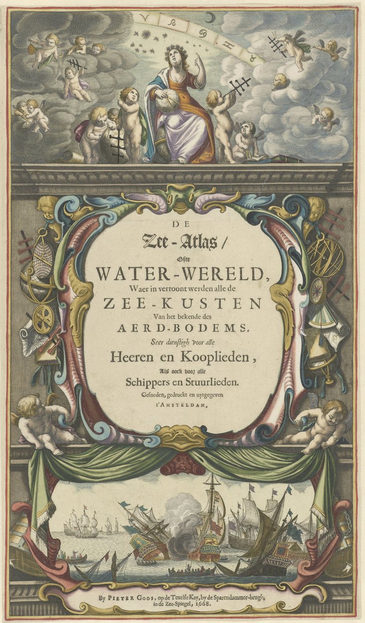 Titelpagina voor Pieter Goos, De Zee-Atlas ofte Water-Wereld, 1668 door Pieter Goos