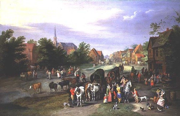 Reizigers die Rusten in een Dorp door Peeter Gijsels