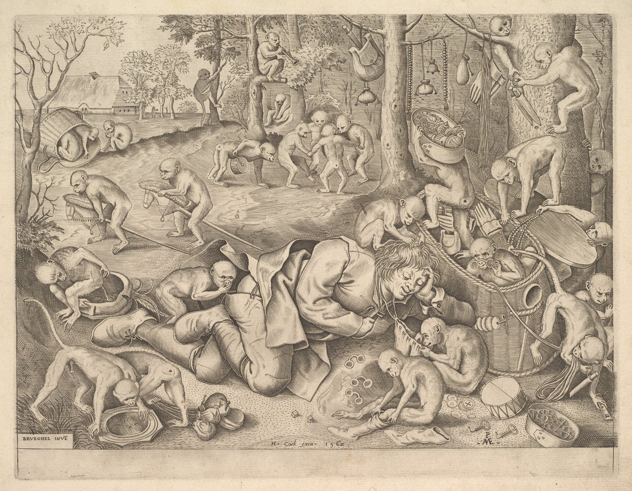 De Koopman Beroofd door Apen, 1562 door Pieter Heyden van der