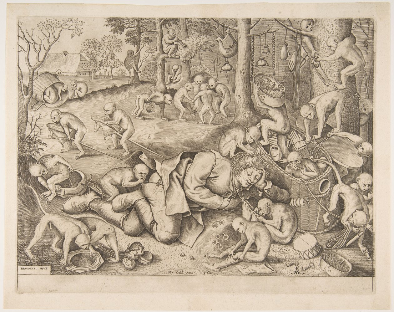 De koopman beroofd door apen, 1562 door Pieter Heyden van der
