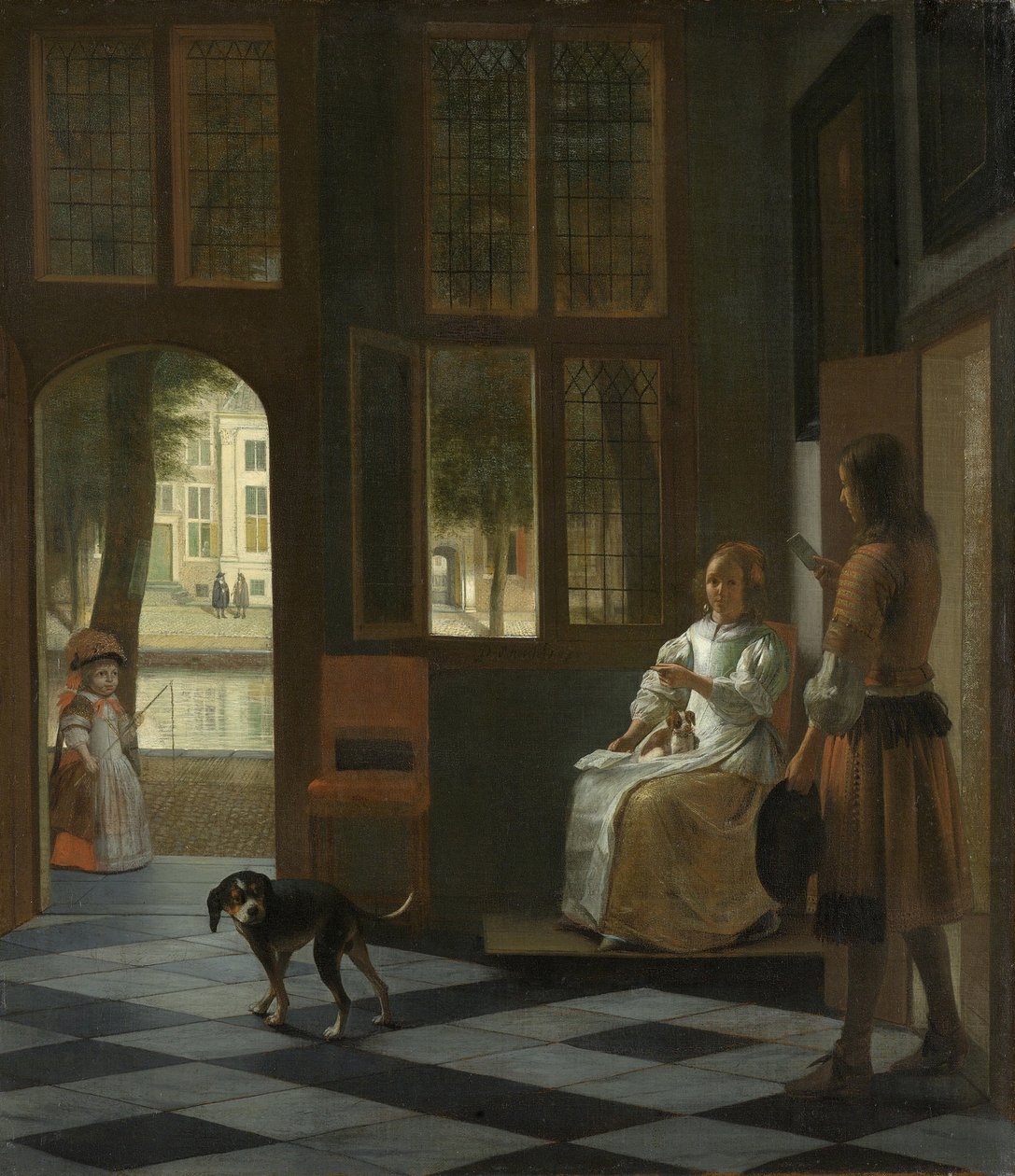 Een Vrouw die een Jonge Man met een Brief Begeleidt door Pieter Hooch de