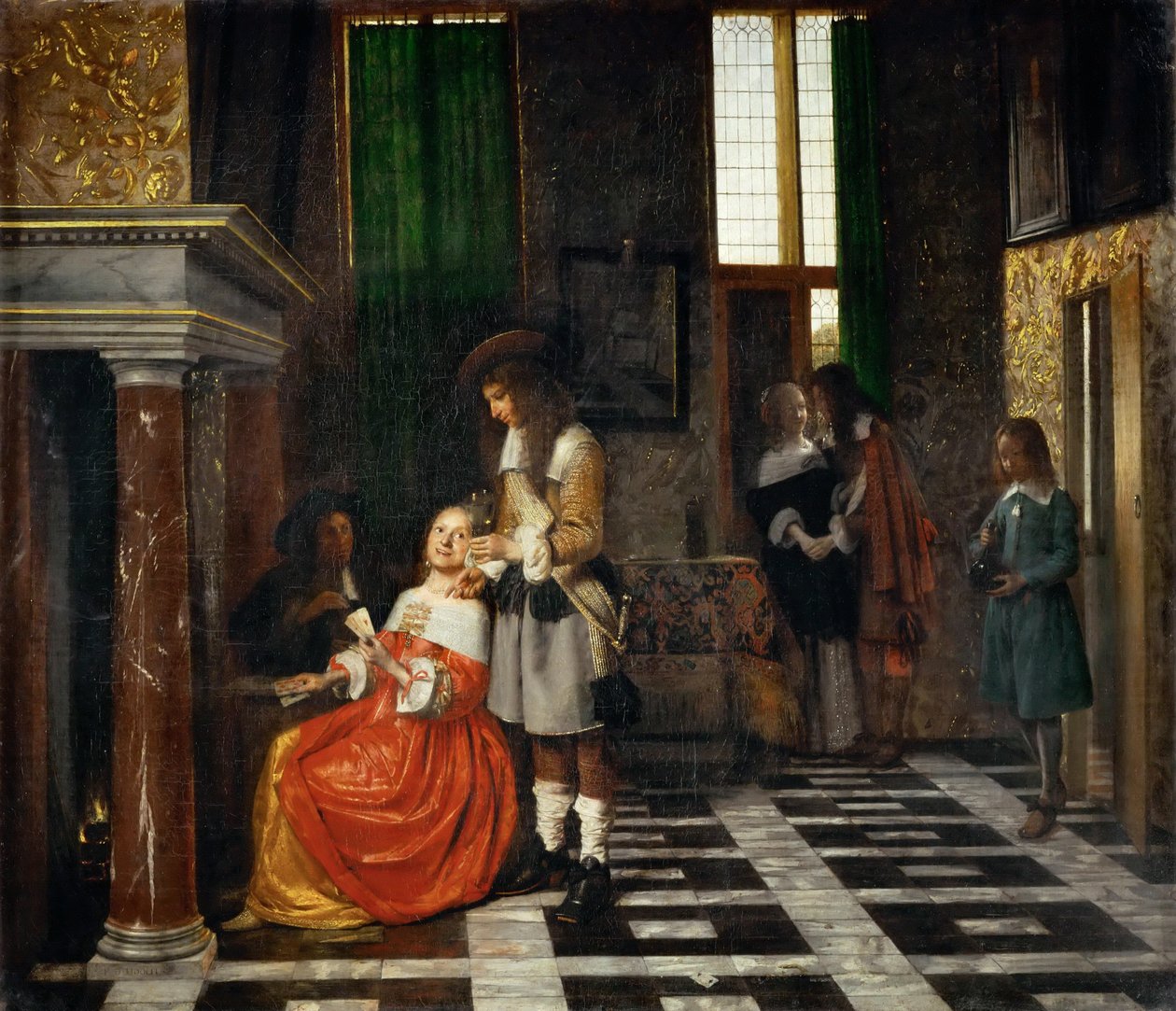 Kaartspelers in een weelderig interieur door Pieter Hooch de