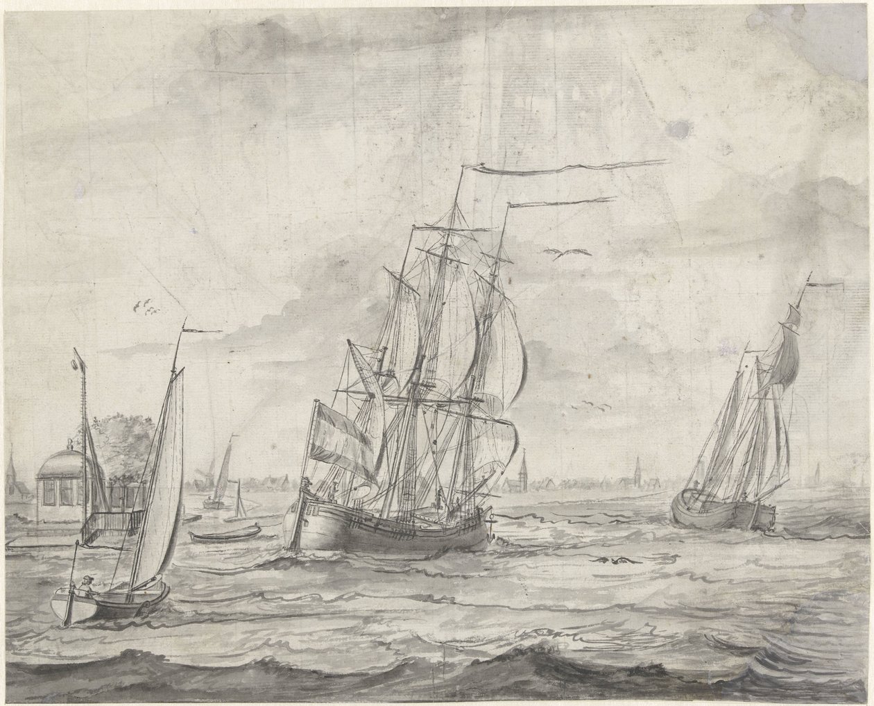 Binnenwater met schepen, in de verte een stadje door Pieter Idserts