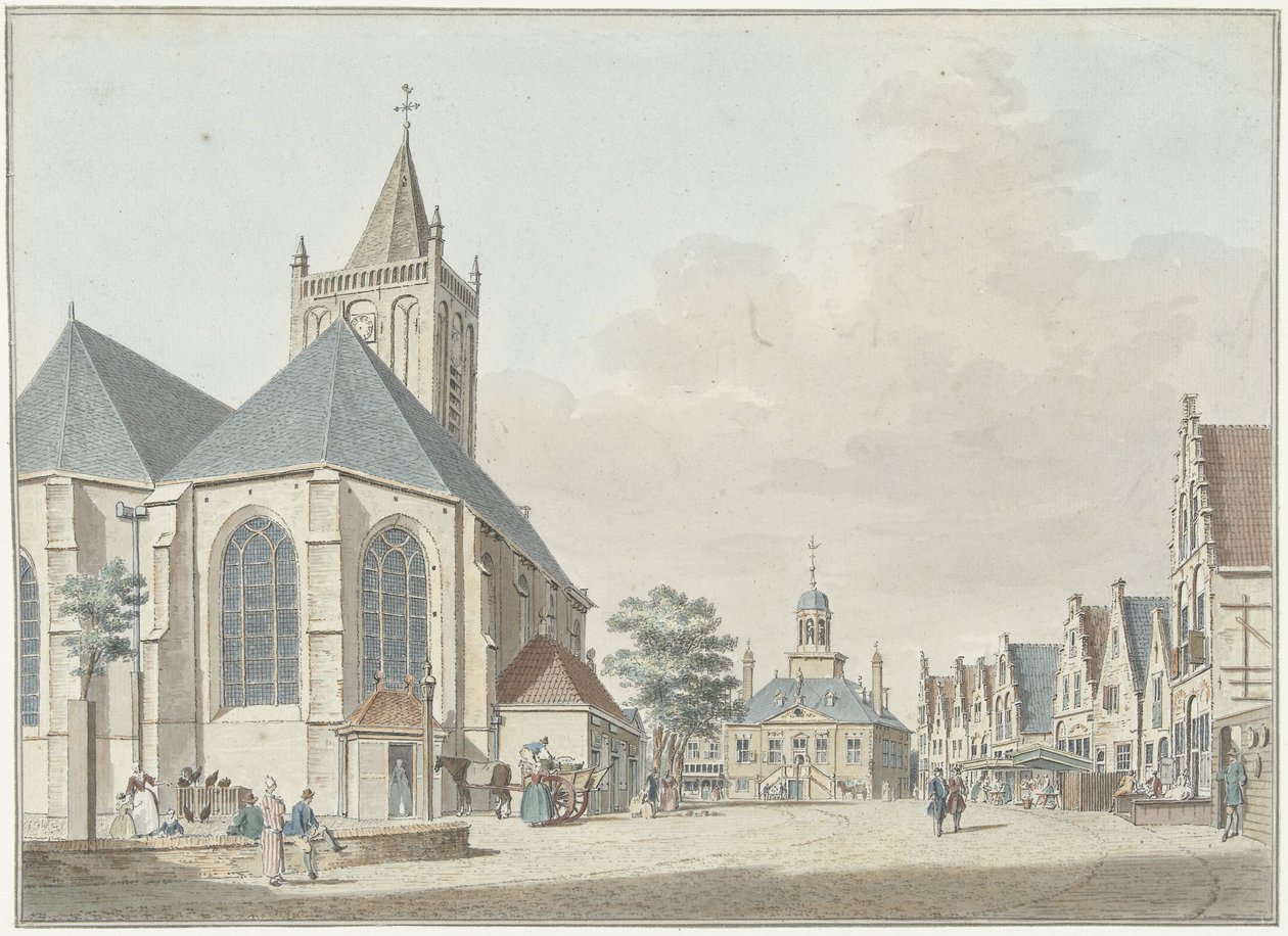 De markt te Vlaardingen met de kerk en het stadhuis door Pieter Jan van Liender