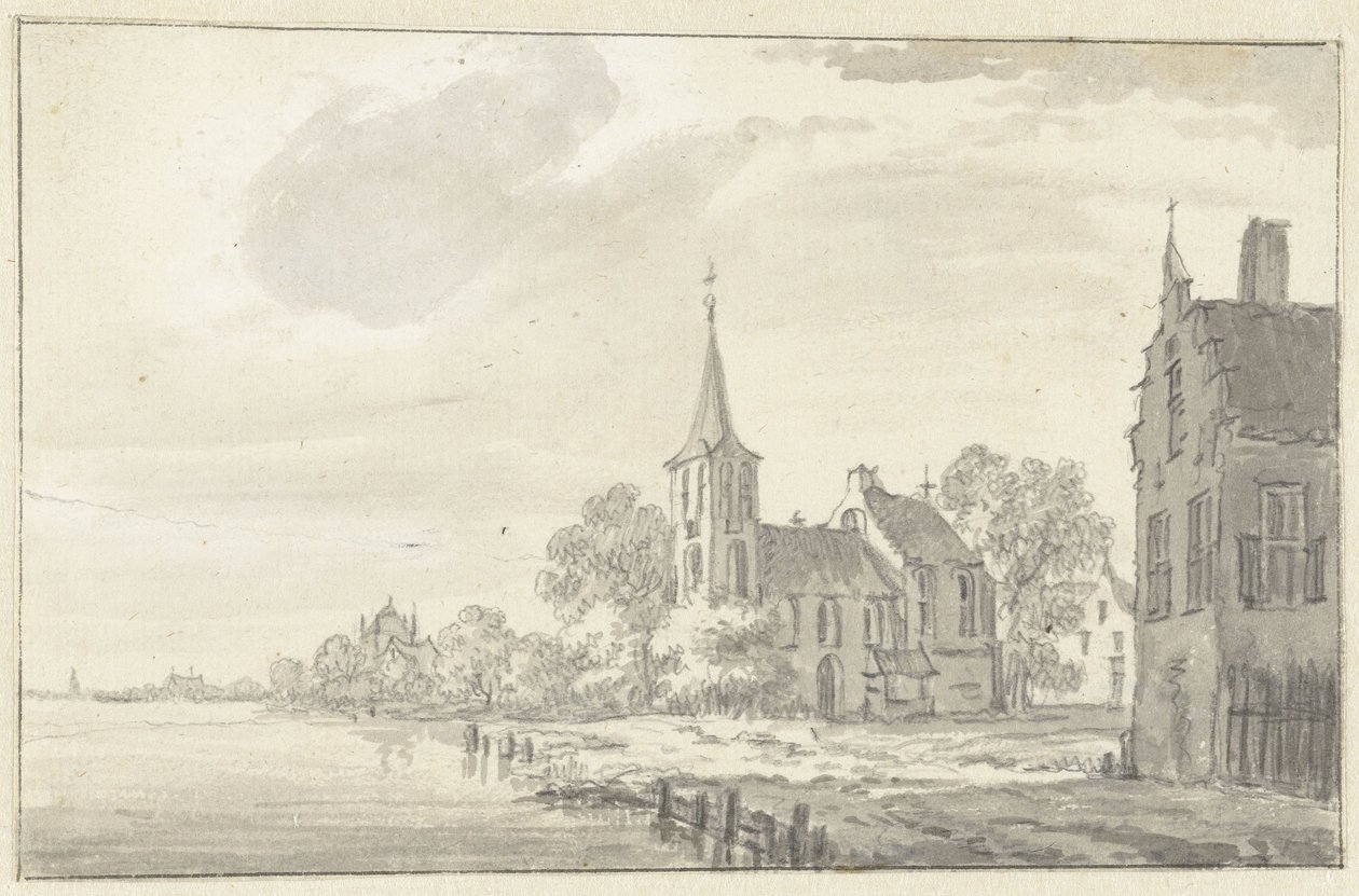 Dorpskerk en huizen aan een rivier door Pieter Jan van Liender