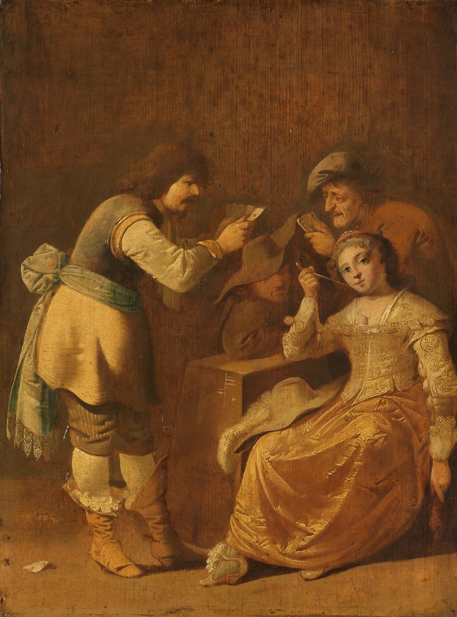 Kaartspelers met vrouw die een pijp rookt door Pieter Jansz Quast