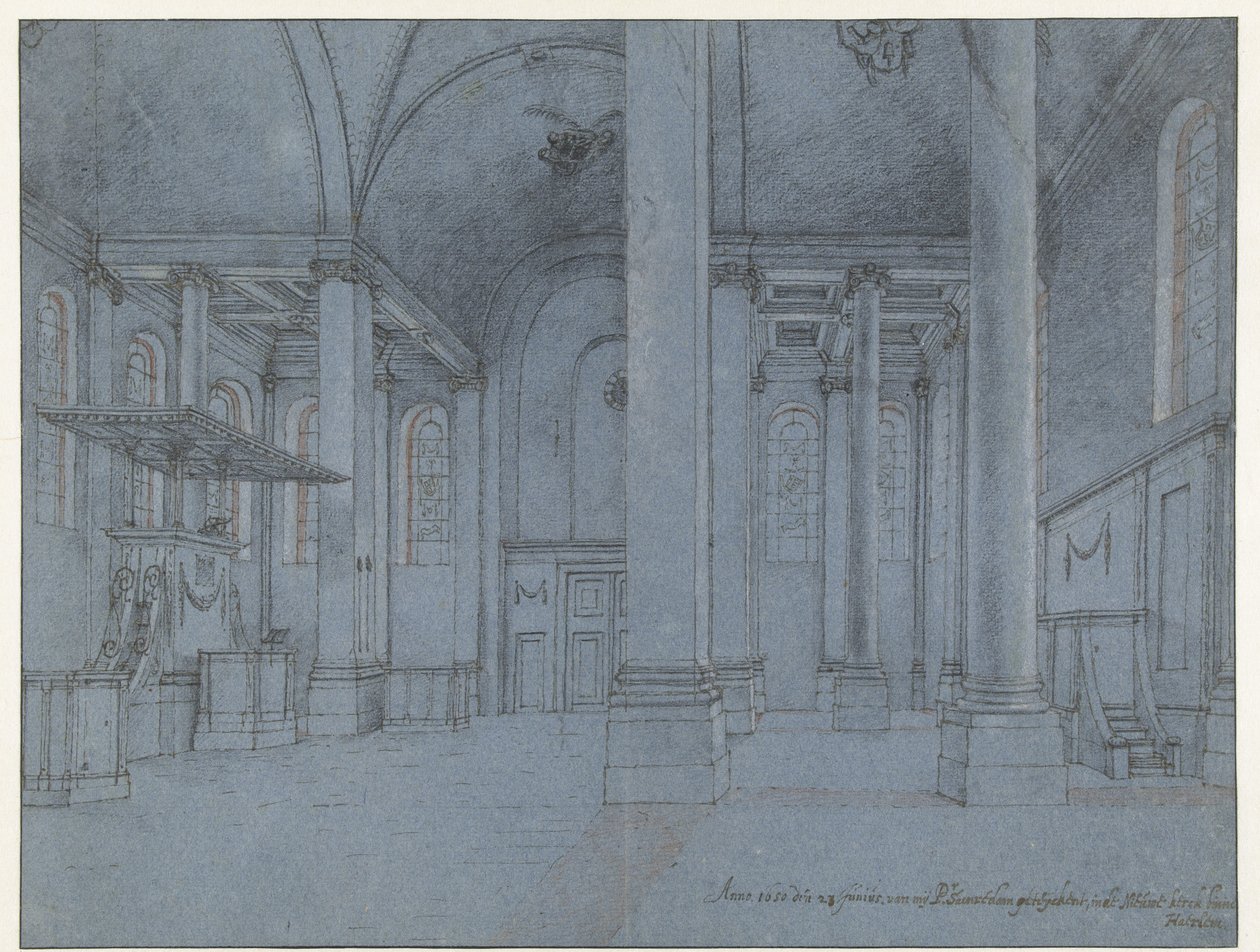 Zicht op het interieur van de Nieuwe Kerk, Haarlem, gezien vanaf het oostelijke uiteinde van het noordelijke schip naar het westen door Pieter Jansz Saenredam