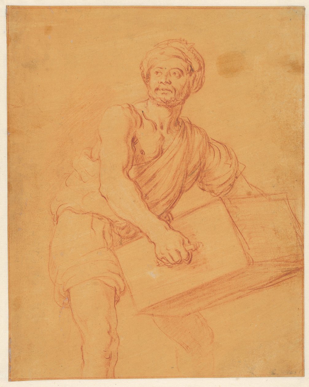 Studie eines bärtigen und turbantragenden Mannes, der eine Truhe trägt door Pieter Lastman