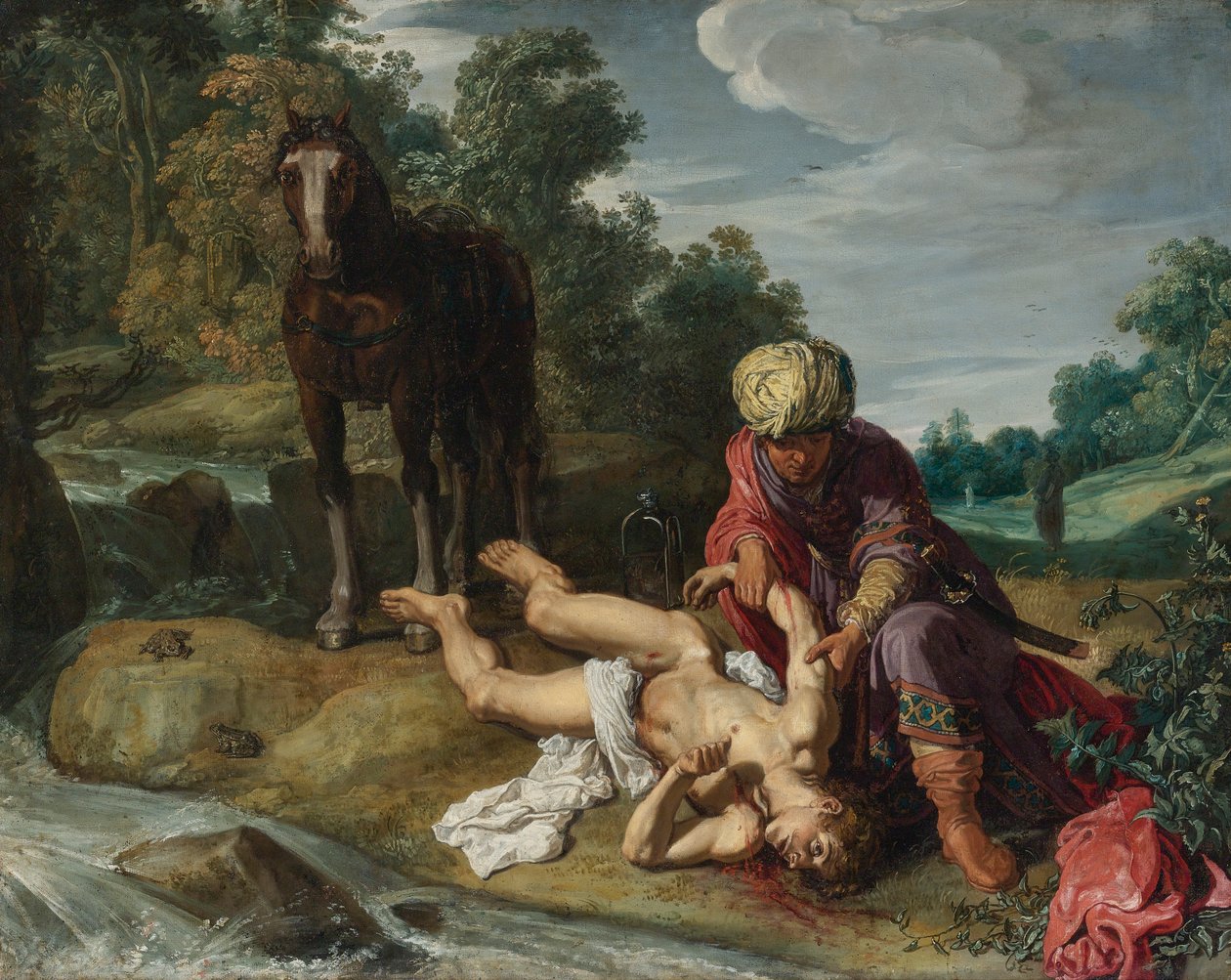 De barmhartige Samaritaan verzorgt de wonden van de reiziger (Lucas 10:25-37) door Pieter Lastman