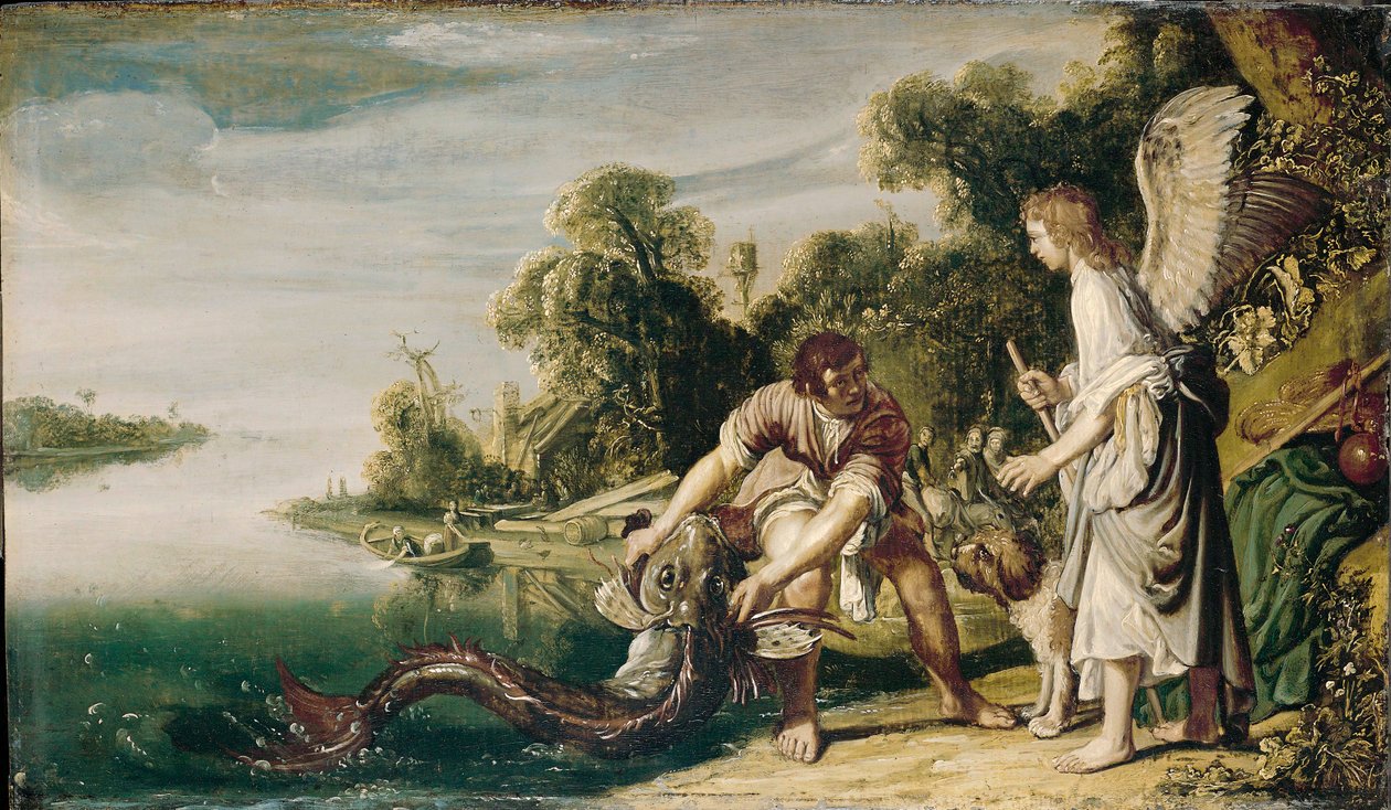 De jonge Tobias en de engel (olieverfschilderij) door Pieter Lastman