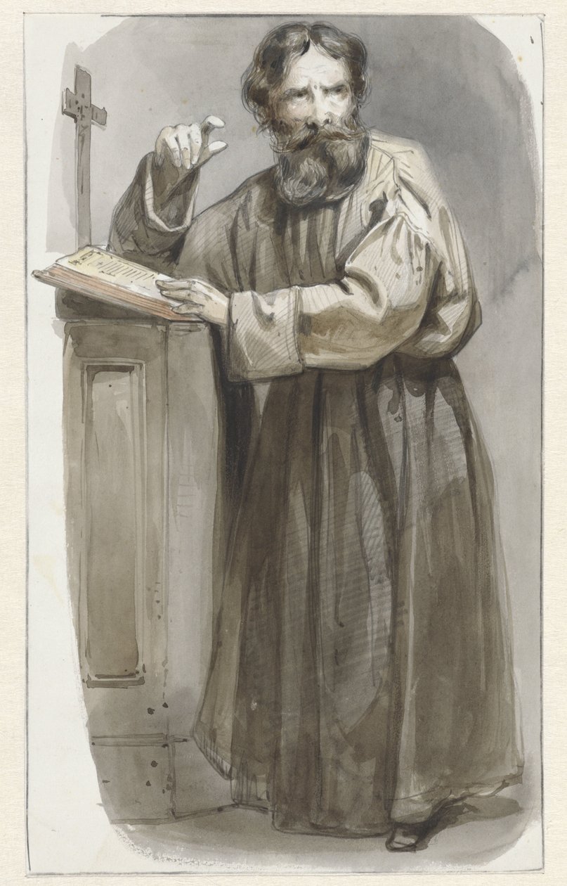 Staande geestelijke bij katheder met crucifix en bijbel door Pieter Marinus van de Laar (attributed to)