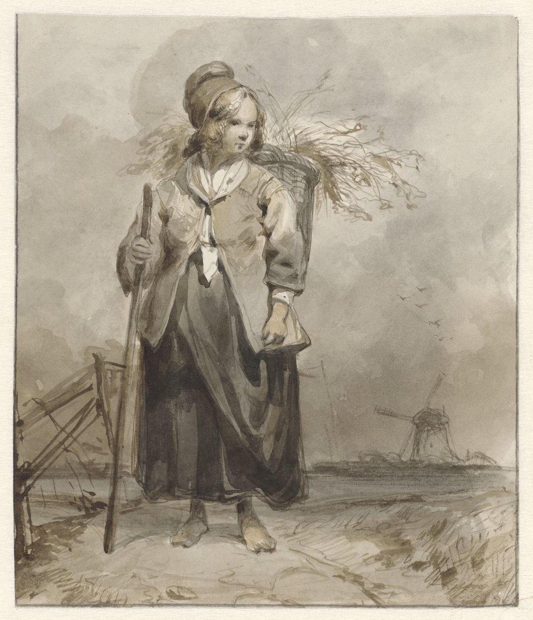 Staande vrouw met stok en mand op de rug door Pieter Marinus van de Laar (attributed to)