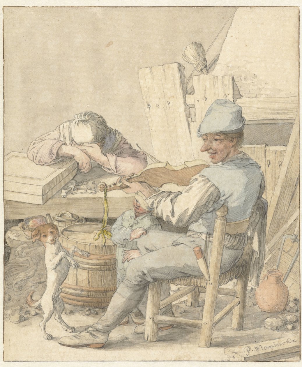 Interieur met vioolspelende man, slapende vrouw en dansende hond door Pieter Moninckx