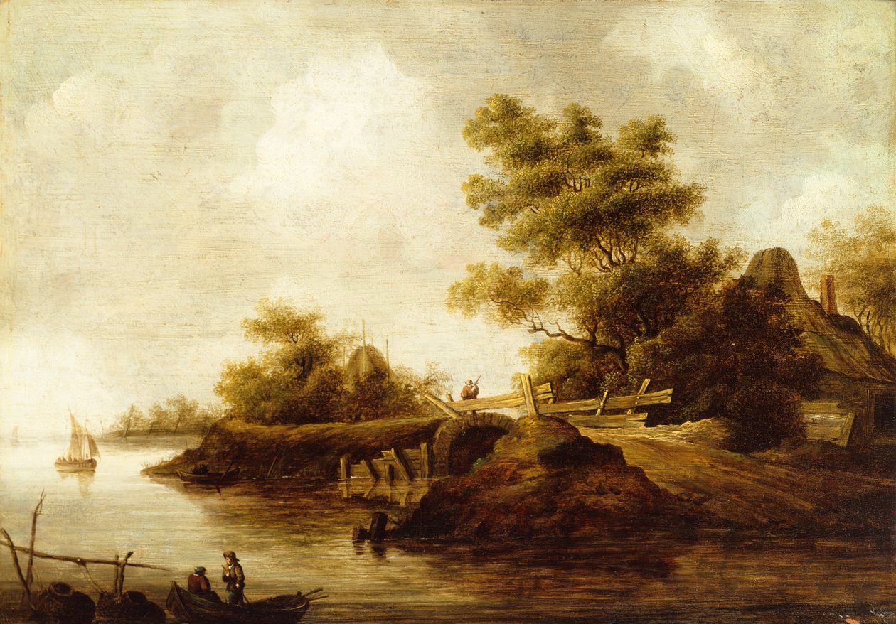 Een rivierlandschap met figuren in een boot en een reiziger op een brug (olieverf op paneel) door Pieter Nolpe