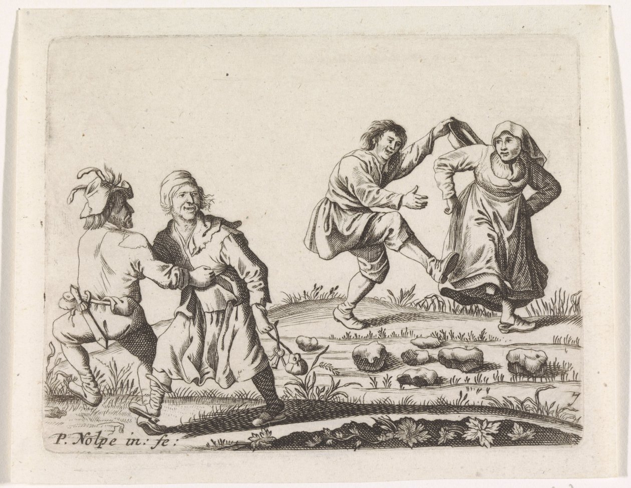 Twee dansende boerenparen door Pieter Nolpe