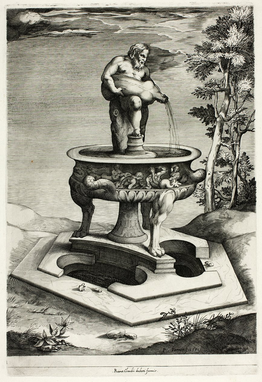 Fontein met Silenus in de tuin van het Cesi-paleis bij Rome door Pieter Perret