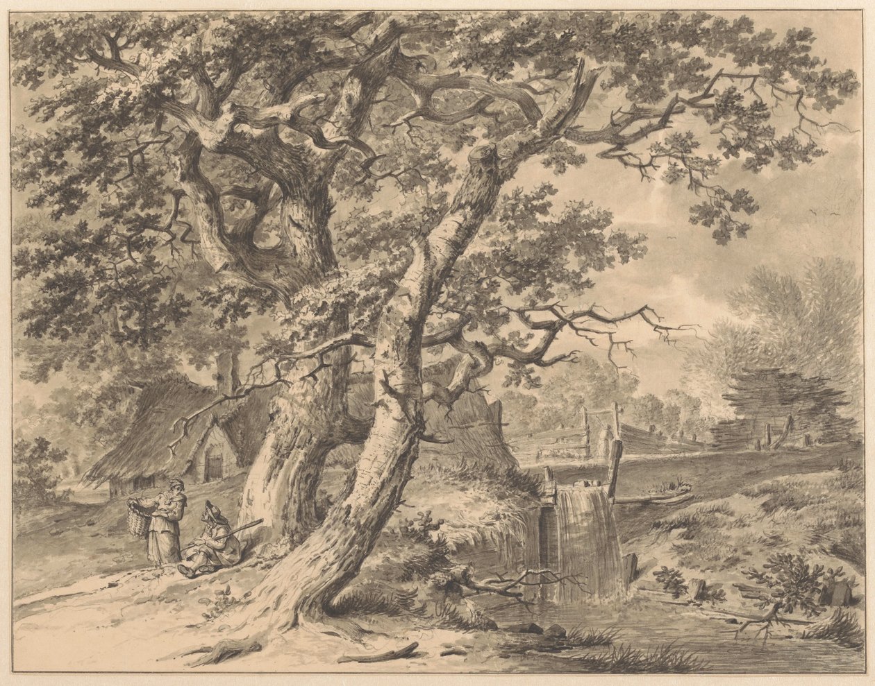 Landschap met watervalletje onder twee grote bomen door Pieter Pietersz. Barbiers