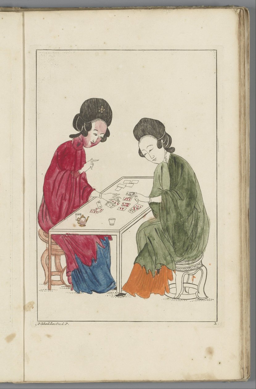 Twee Chinese vrouwen spelen een kaartspel door Pieter Schenk (II) (possibly)