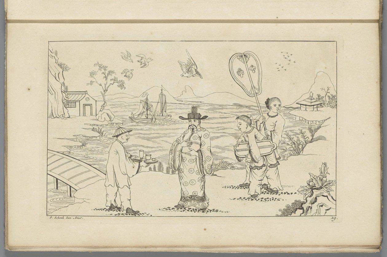 Chinese heer ontvangt thee van een bediende in een landschap door Pieter Schenk (II)