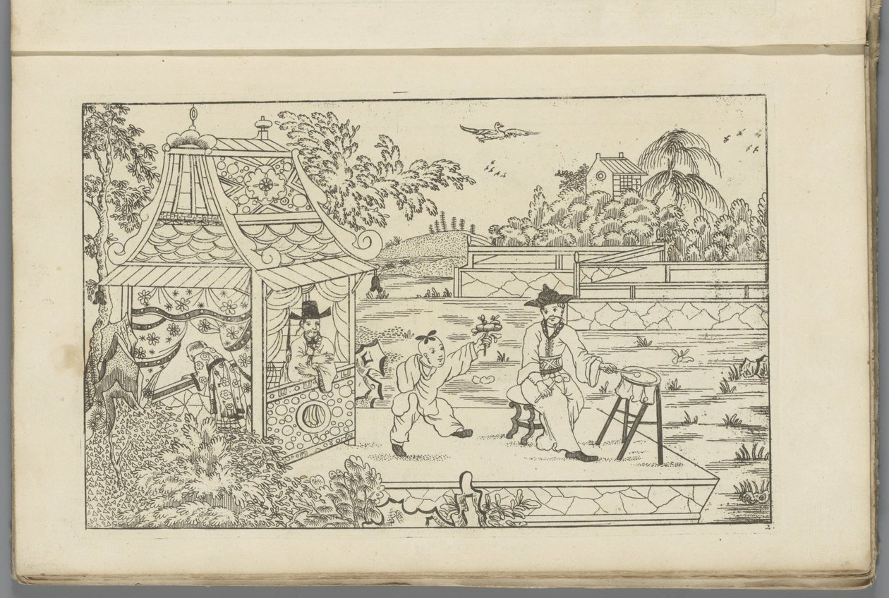 Chinese trommelaar op plateau in landschap door Pieter Schenk (II)
