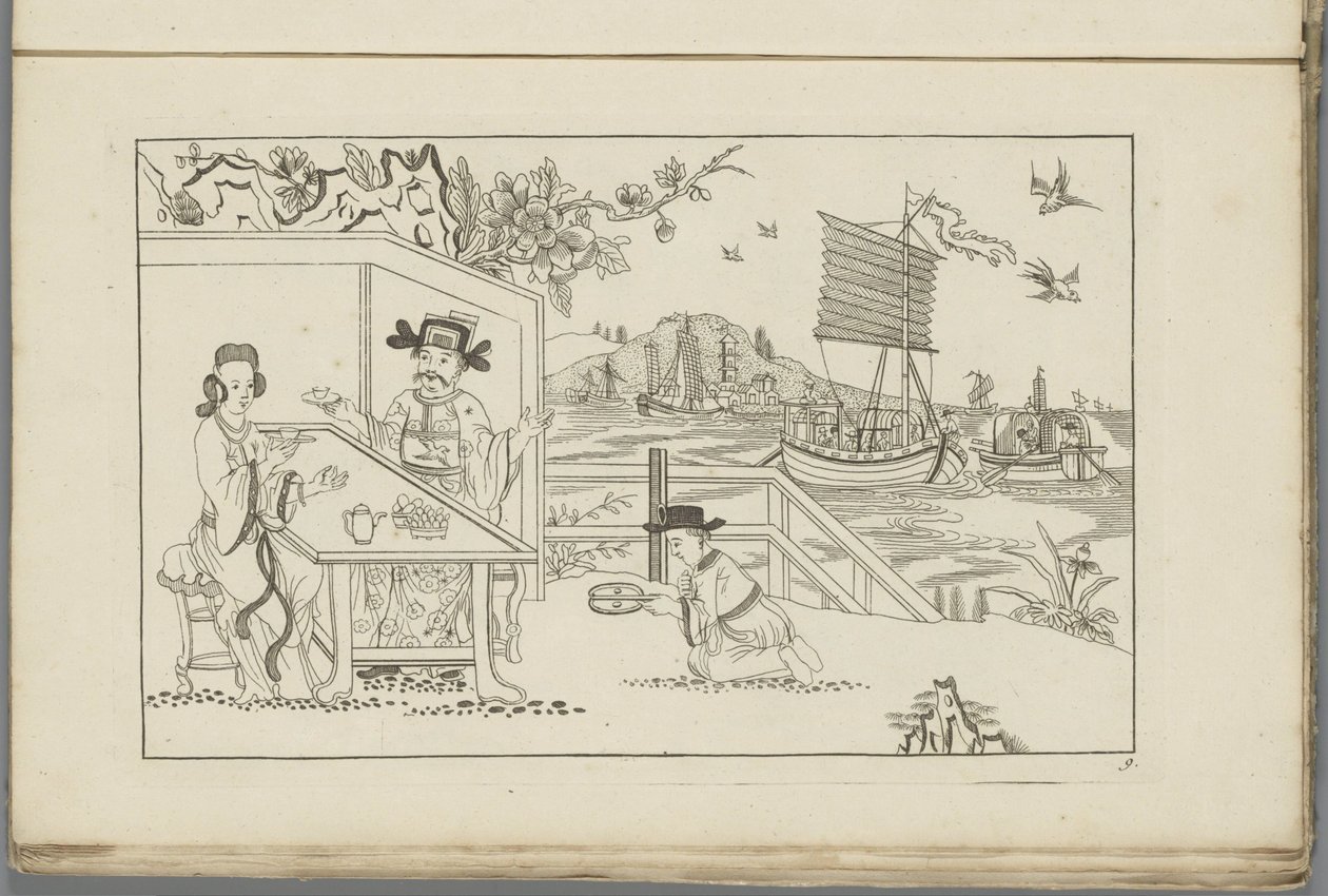 Landschap met een man en een vrouw die thee drinken door Pieter Schenk (II)