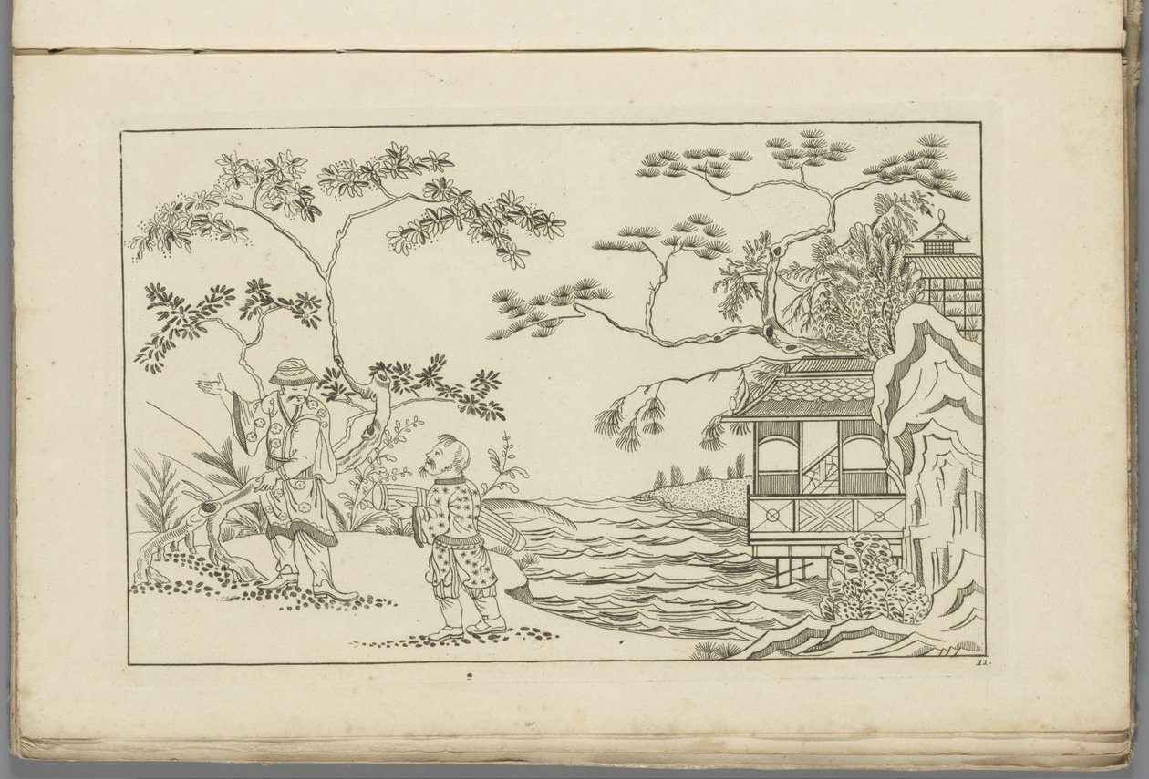 Twee Chinese mannen in een landschap (Nieuwe geinventeerde Sineesen) door Pieter Schenk (II)