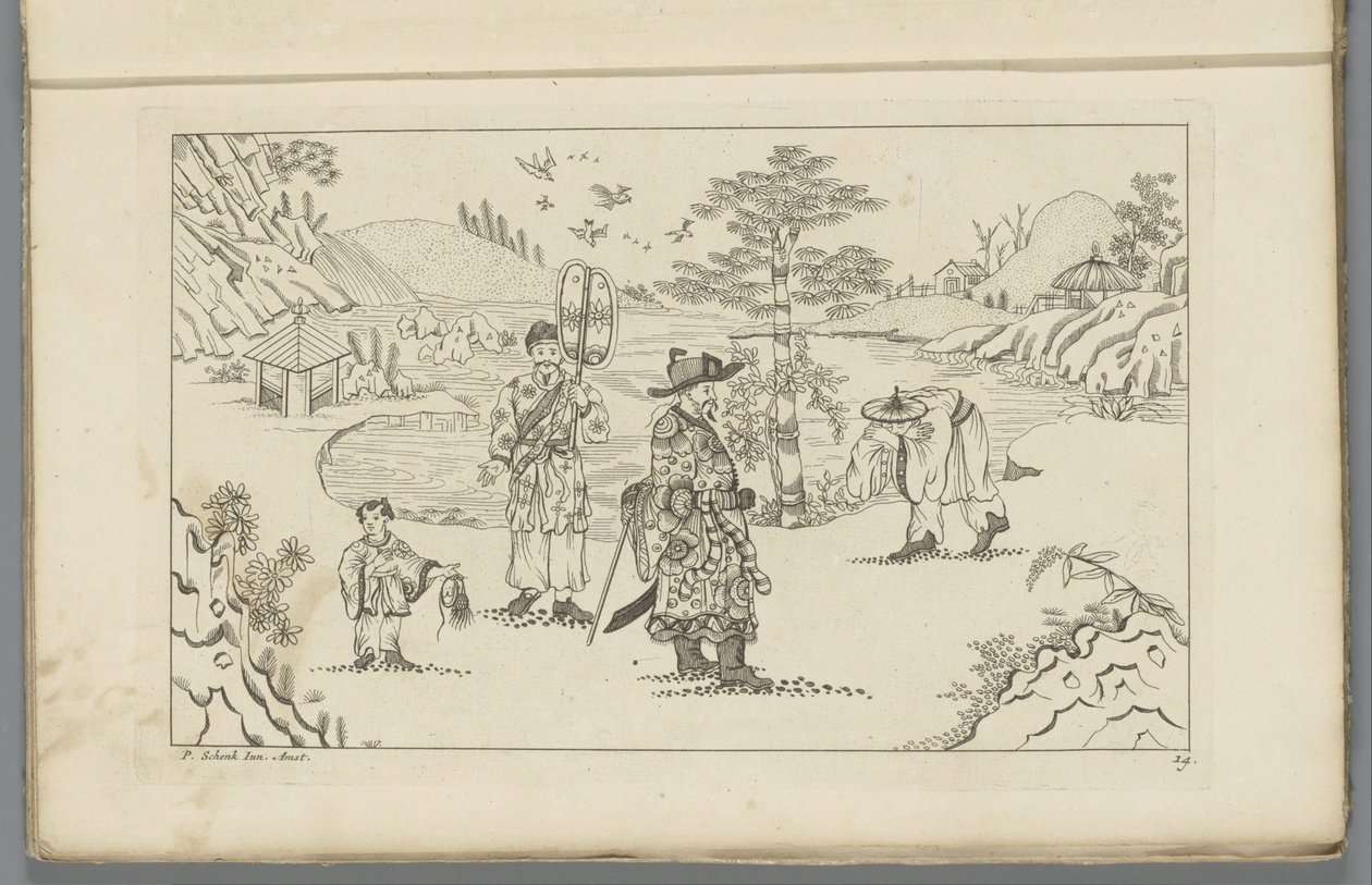 Vier Chinese figuren in een landschap door Pieter Schenk (II)