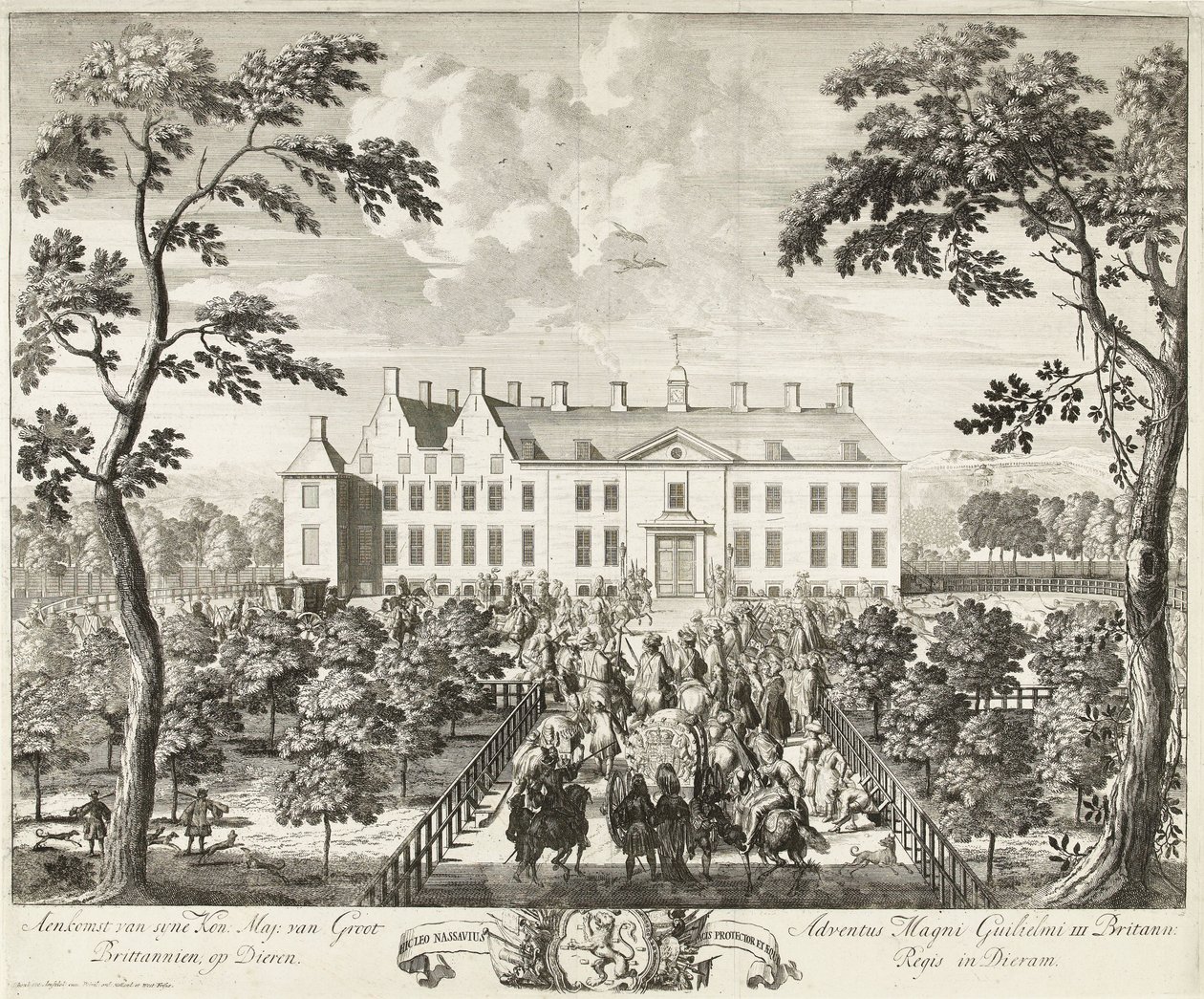 Aankomst van Willem III bij het jachthuis, Hof te Dieren, 1691 door Pieter Schenk